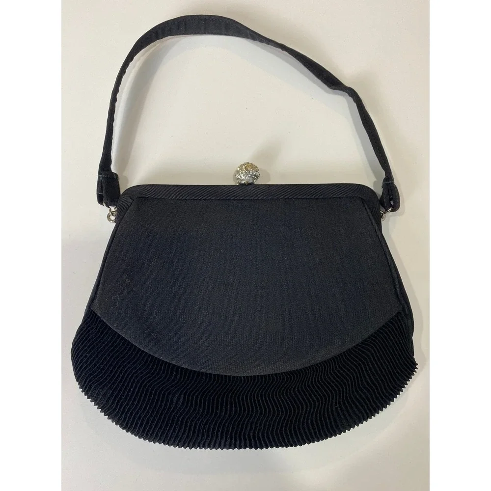 Vintage Black Pleated Clutch Purse Rhinestone Dome Clasp Gold Lining Evening Bag